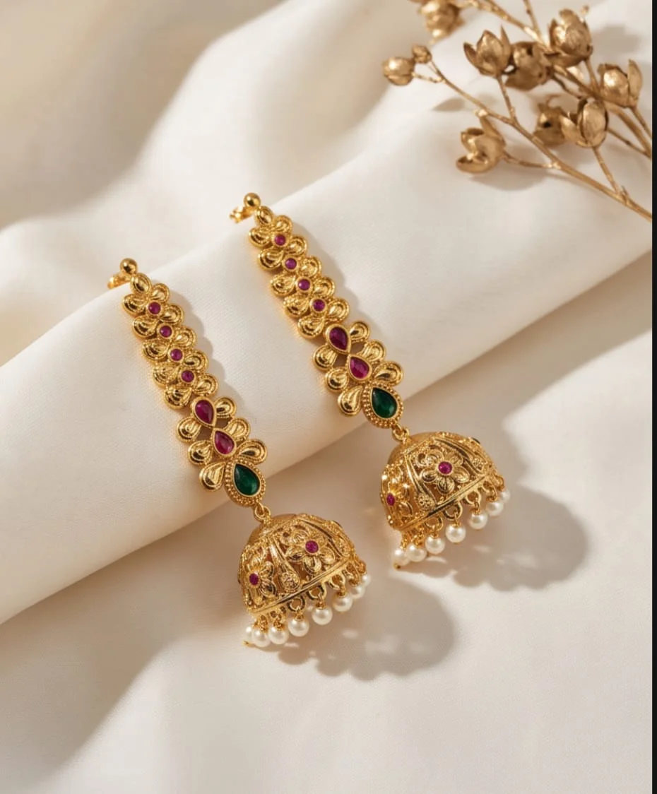 These Traditional Gold Plated Champaswaralu Ear Chain Feature Delicate Clusters Of White Pearl alternate view