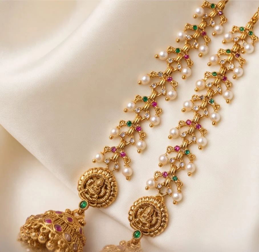 These Traditional Gold Plated Champaswaralu Ear Chain Feature Delicate Clusters Of White Pearl