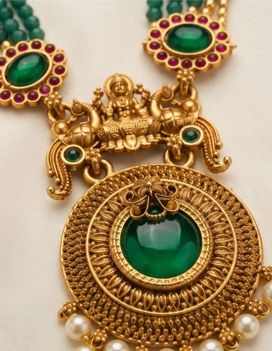 This Mint Green Beaded Traditional Temple Jewellery Set Features An Antique Gold Tone Goddess Lakshmi view 3