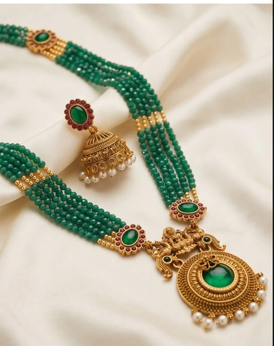 This Mint Green Beaded Traditional Temple Jewellery Set Features An Antique Gold Tone Goddess Lakshmi alternate view