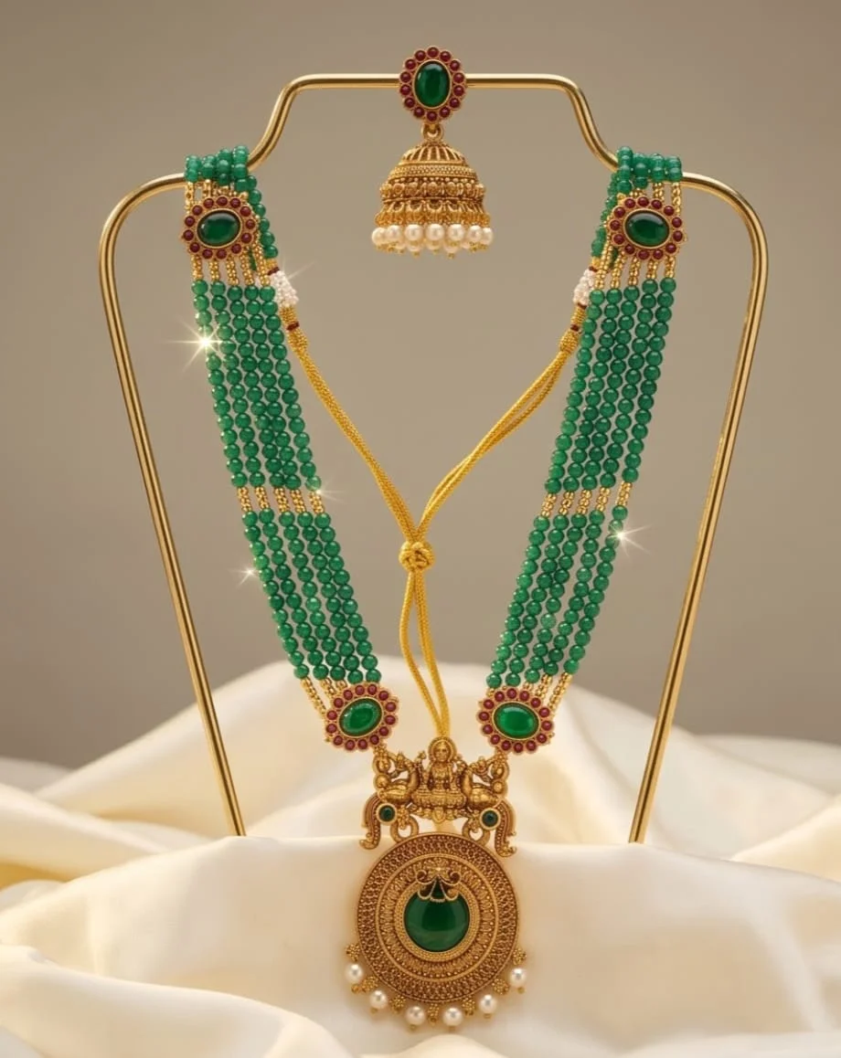 This Mint Green Beaded Traditional Temple Jewellery Set Features An Antique Gold Tone Goddess Lakshmi
