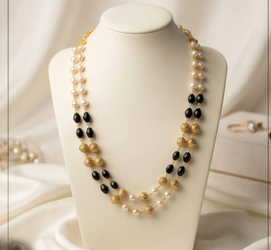 Handcrafted Double-Layer Beaded Necklace Featuring Classic White Pearls, Striking Black Crystal Beads,