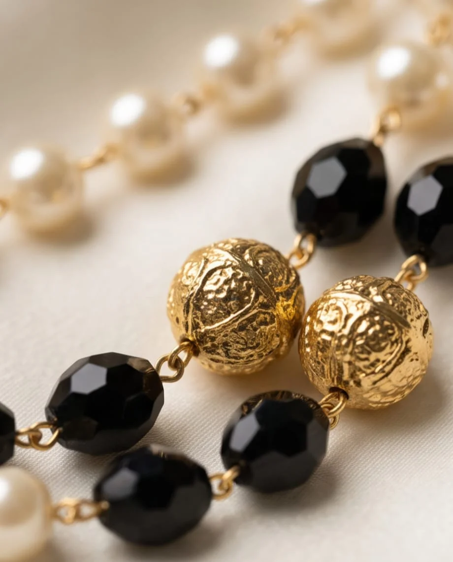 Handcrafted Double-Layer Beaded Necklace Featuring Classic White Pearls, Striking Black Crystal Beads, alternate view