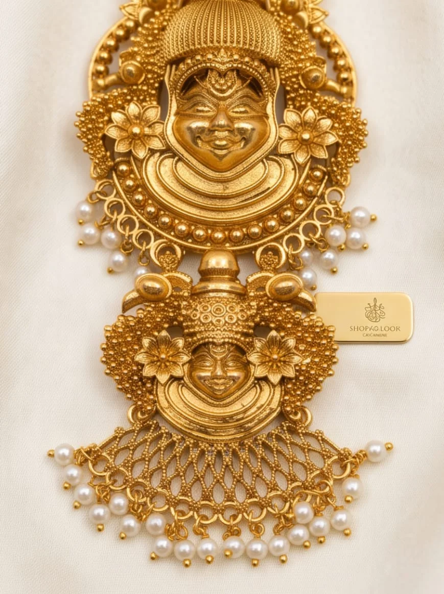 This Is An Ornate Antique Gold Finish Kathakali Double Face Pendant Long Haram Accented With Delicate Green And Gold Beads alternate view