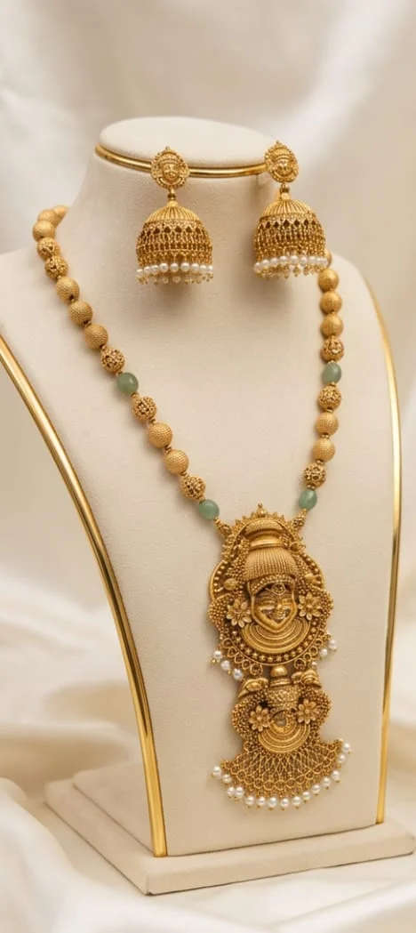 This Is An Ornate Antique Gold Finish Kathakali Double Face Pendant Long Haram Accented With Delicate Green And Gold Beads view 3