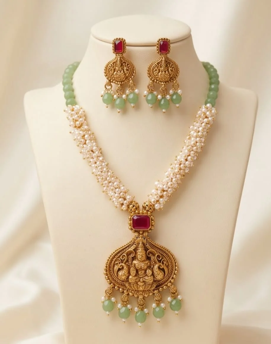 A Stunning Goddess Lakshmi Temple Jewellery Necklace Featuring An Antique Gold Finish Lakshmi Pendant, alternate view