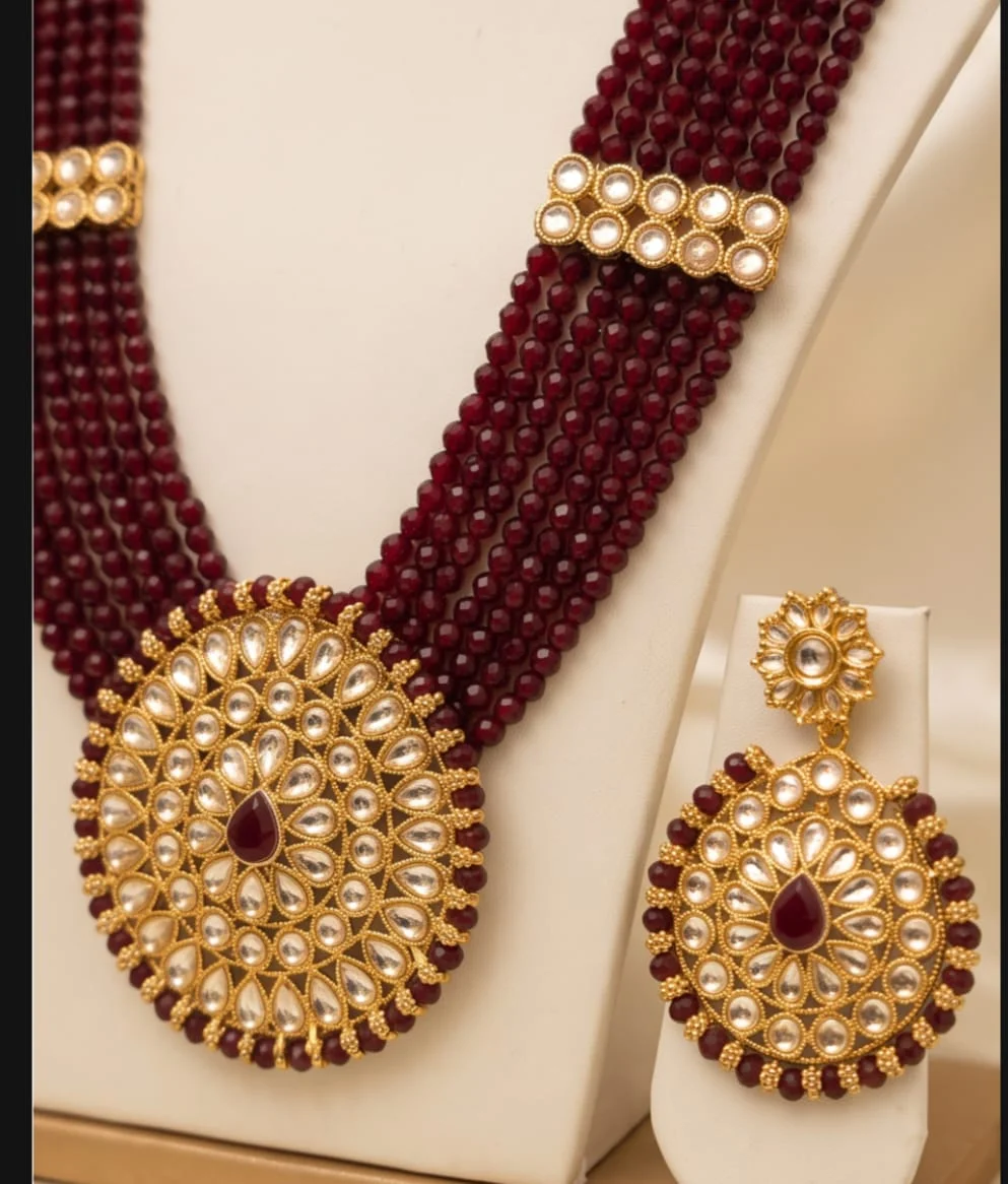 This Traditional Indian Deep Maroon Beaded Kundan Necklace And Earring Set Features Multi-Strand Maroon Bead Strings alternate view