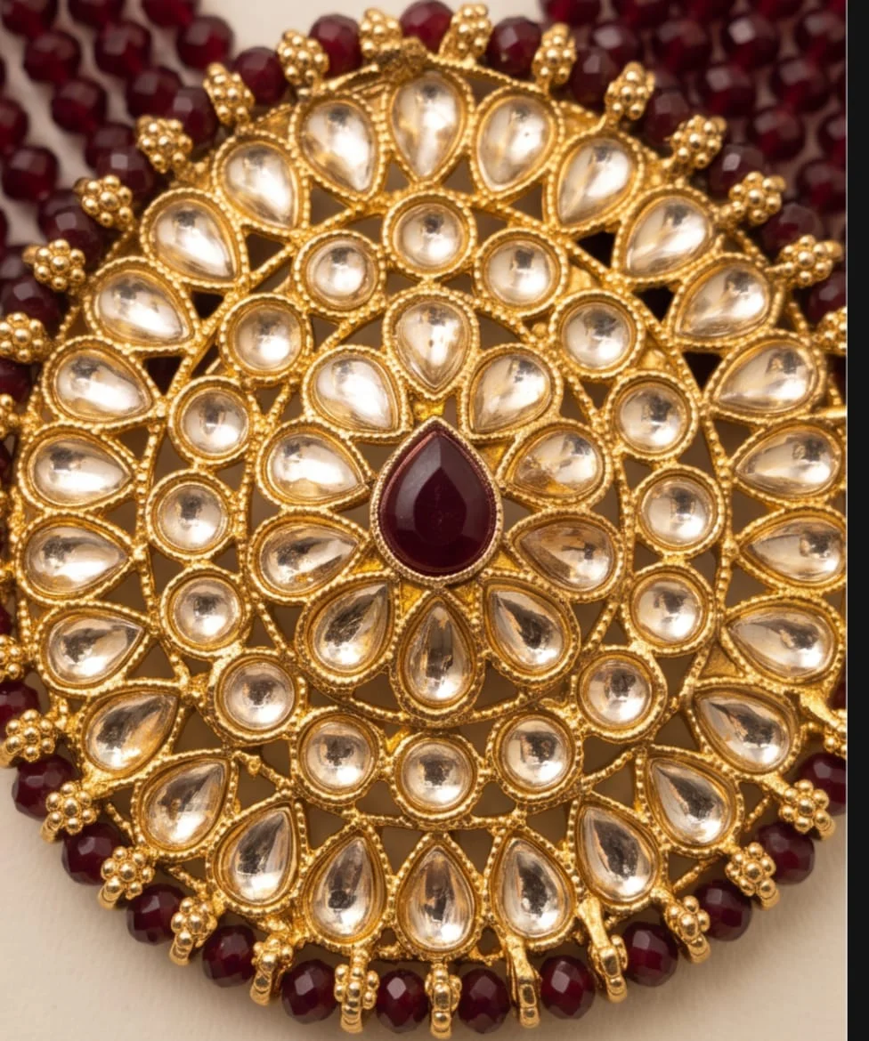 This Traditional Indian Deep Maroon Beaded Kundan Necklace And Earring Set Features Multi-Strand Maroon Bead Strings view 3