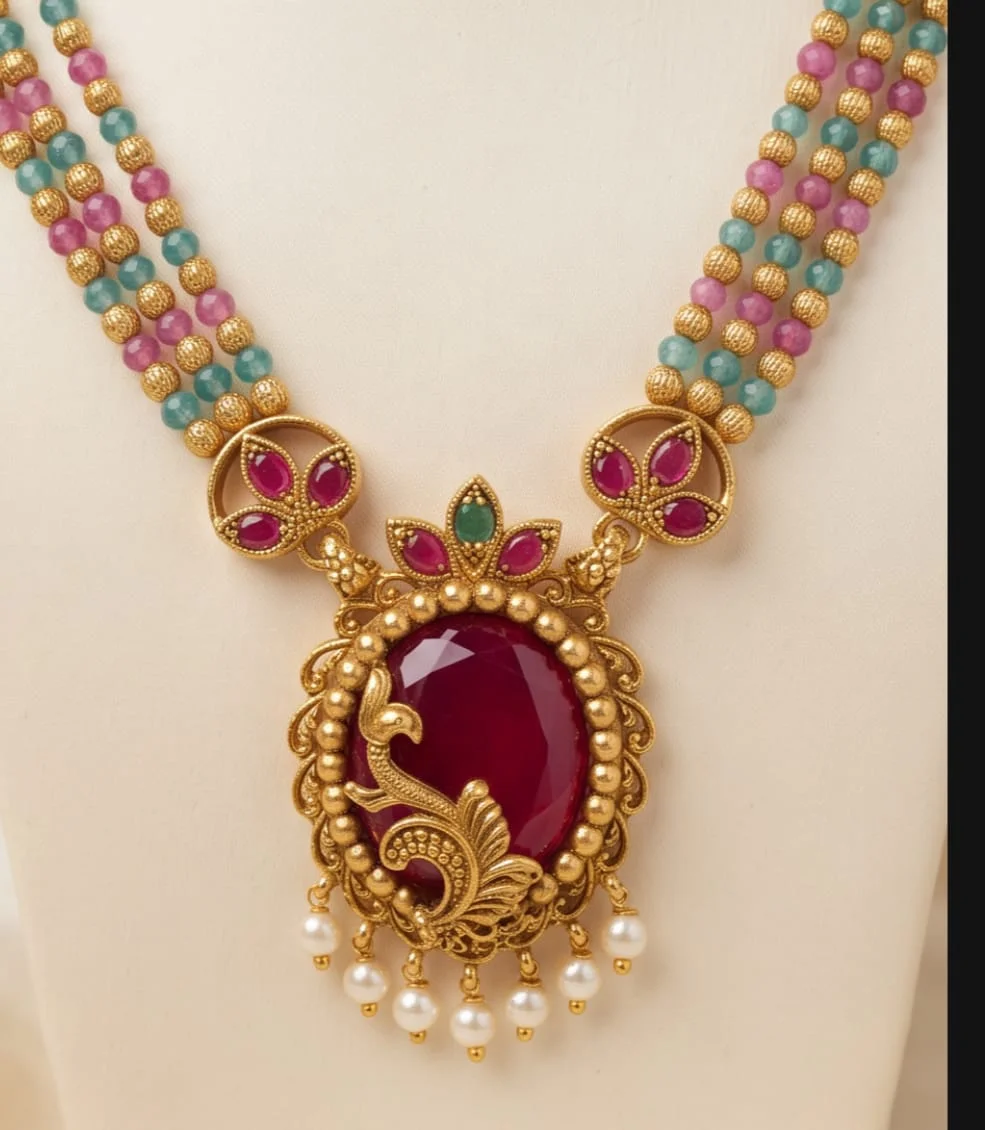 This Antique Gold Finish Fine Beadwork In Pastel Tones Statement Peacock Pendant Necklace And Matching Earrings. alternate view