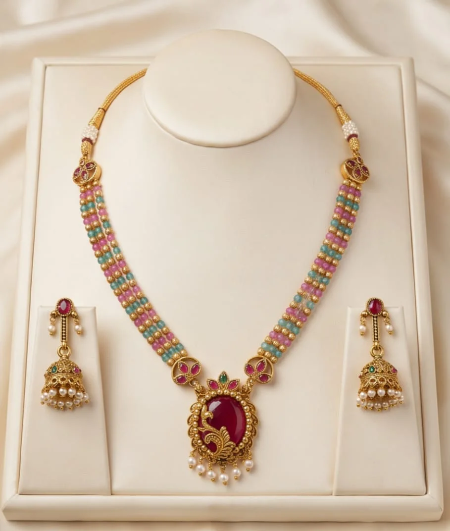 This Antique Gold Finish Fine Beadwork In Pastel Tones Statement Peacock Pendant Necklace And Matching Earrings.