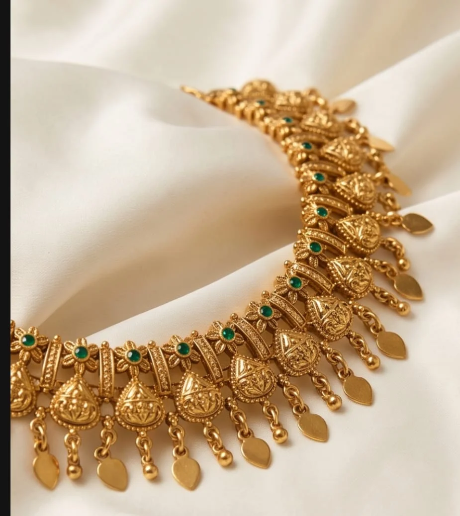 Beautiful Antique Gold Finish Inspired Elakathali Necklace Set With Intricate Detailing And Matching Earrings view 3