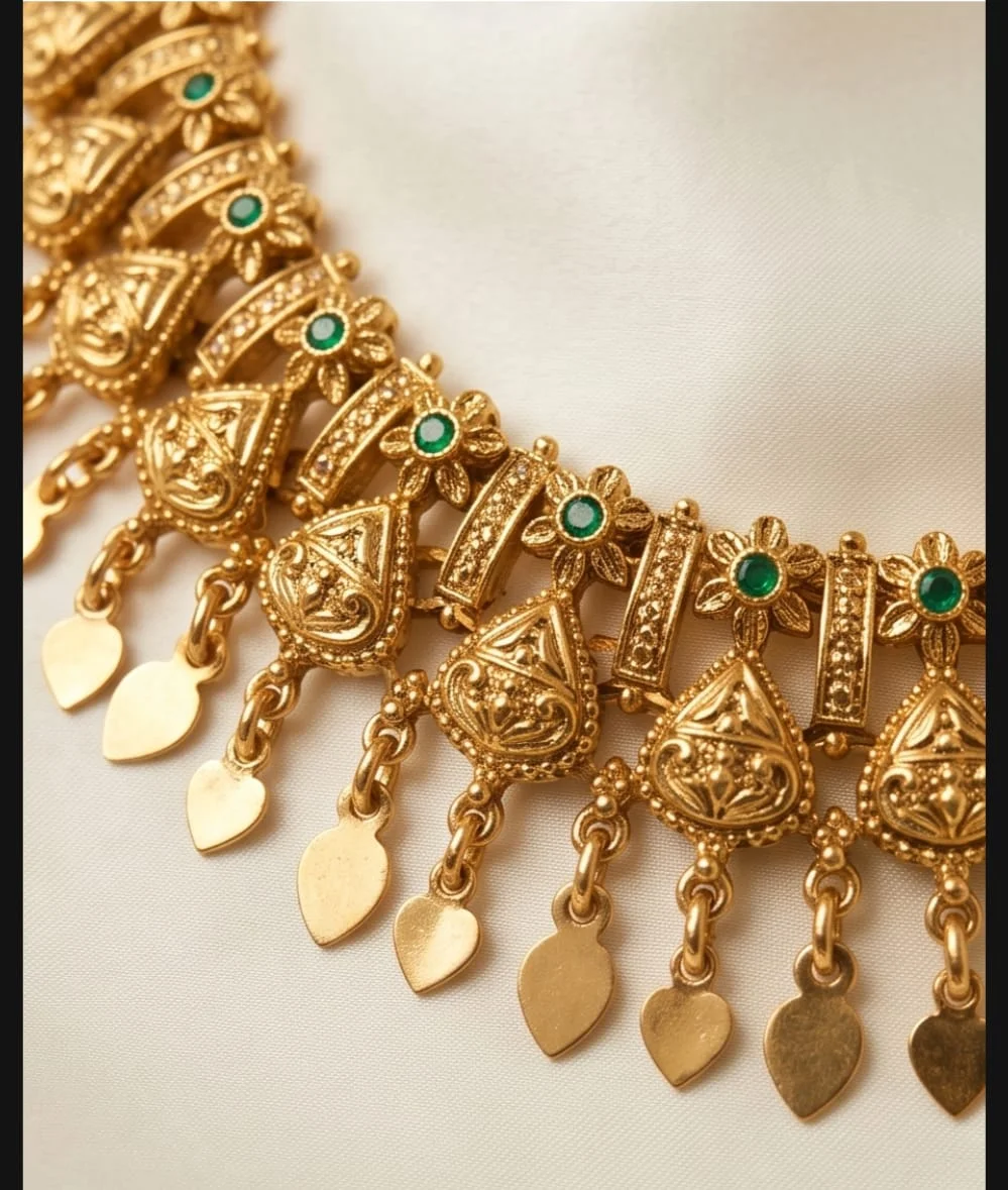 Beautiful Antique Gold Finish Inspired Elakathali Necklace Set With Intricate Detailing And Matching Earrings alternate view