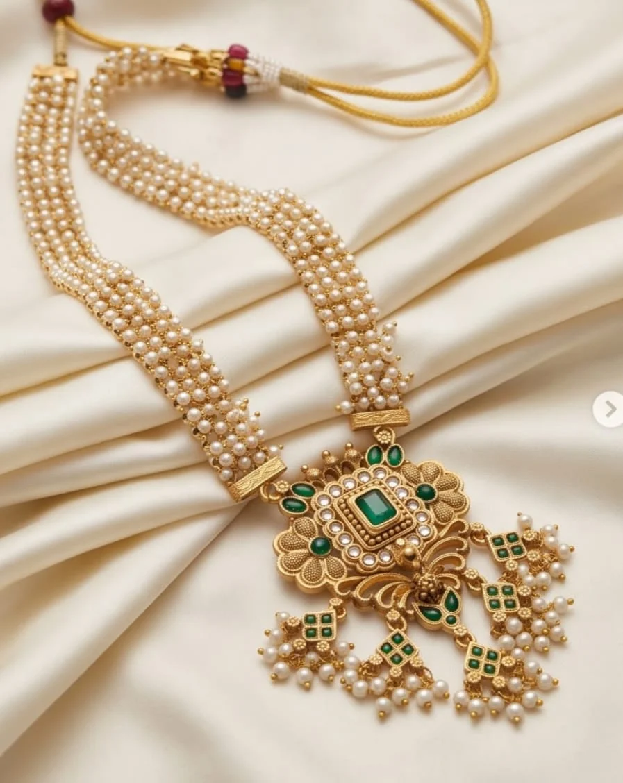 Traditional Gold-Plated Multi-Strand Pearl Rani Haar Necklace Matching Jhumka Earrings