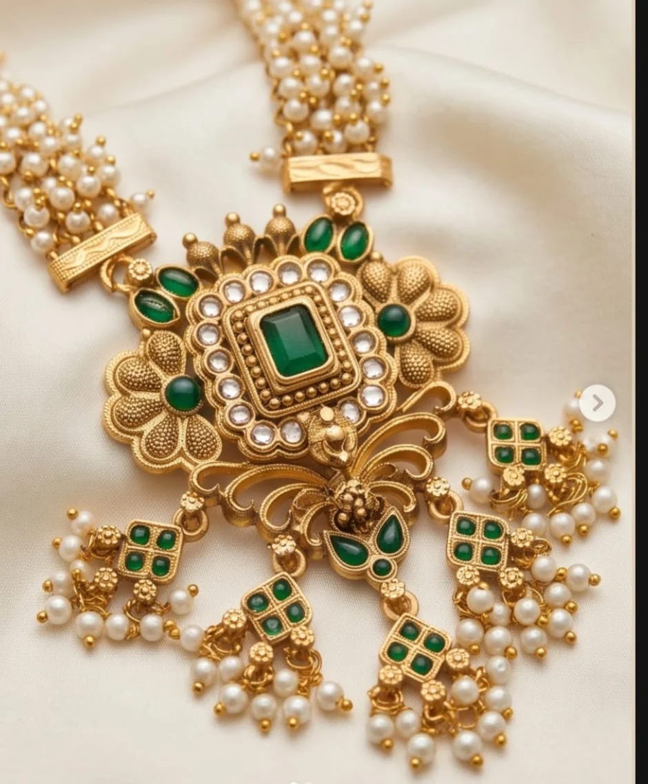 Traditional Gold-Plated Multi-Strand Pearl Rani Haar Necklace Matching Jhumka Earrings alternate view