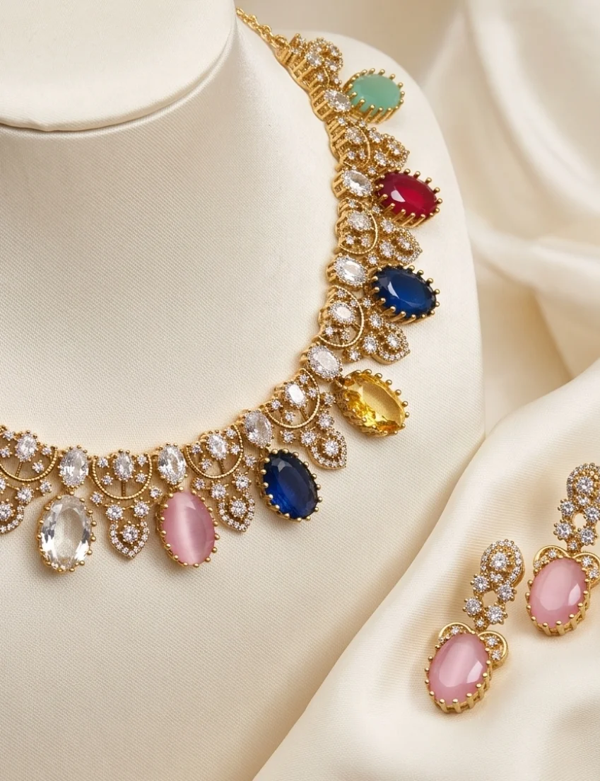 Necklace Incorporates Oval Cut Synthetic Or Semi Precious Cabochons And Faceted Stone In A Rainbow Palette. alternate view