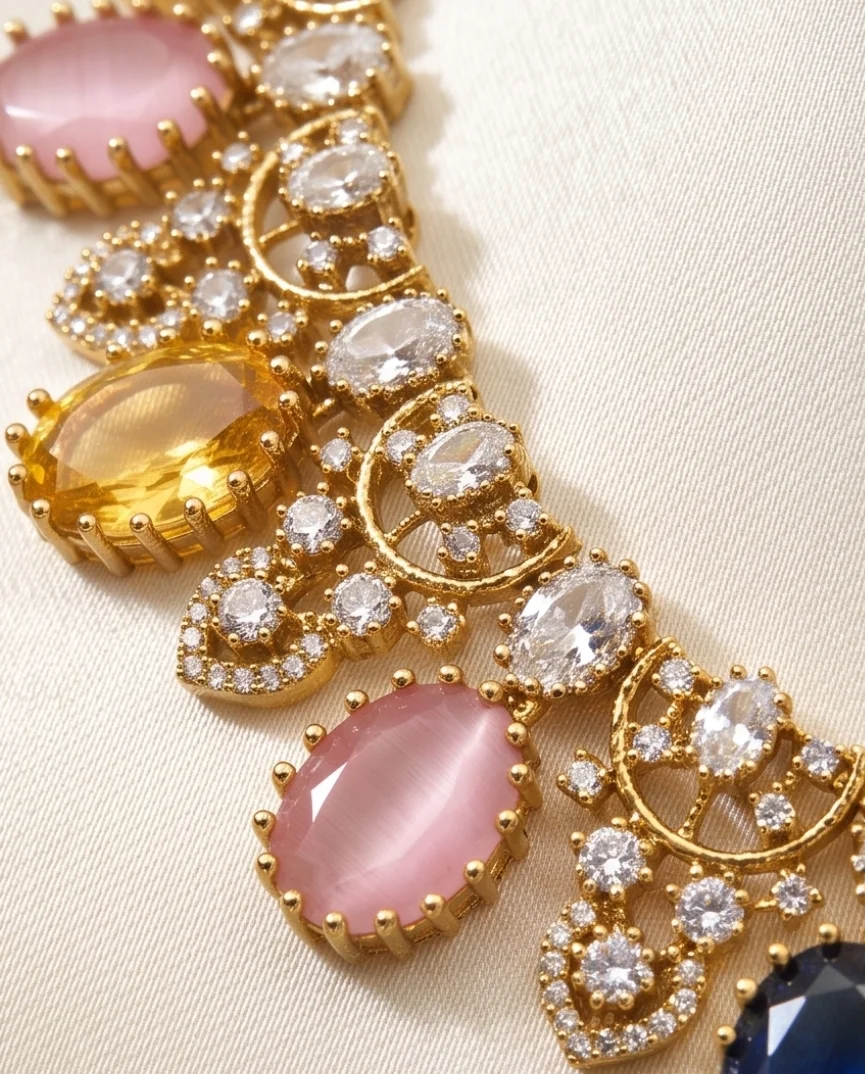 Necklace Incorporates Oval Cut Synthetic Or Semi Precious Cabochons And Faceted Stone In A Rainbow Palette. view 3
