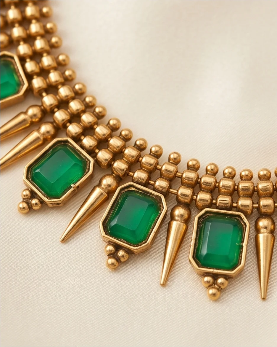 Antique Gold-Plated South Indian Temple Jewellery 💚 Featuring Striking Emerald-Green Stones alternate view