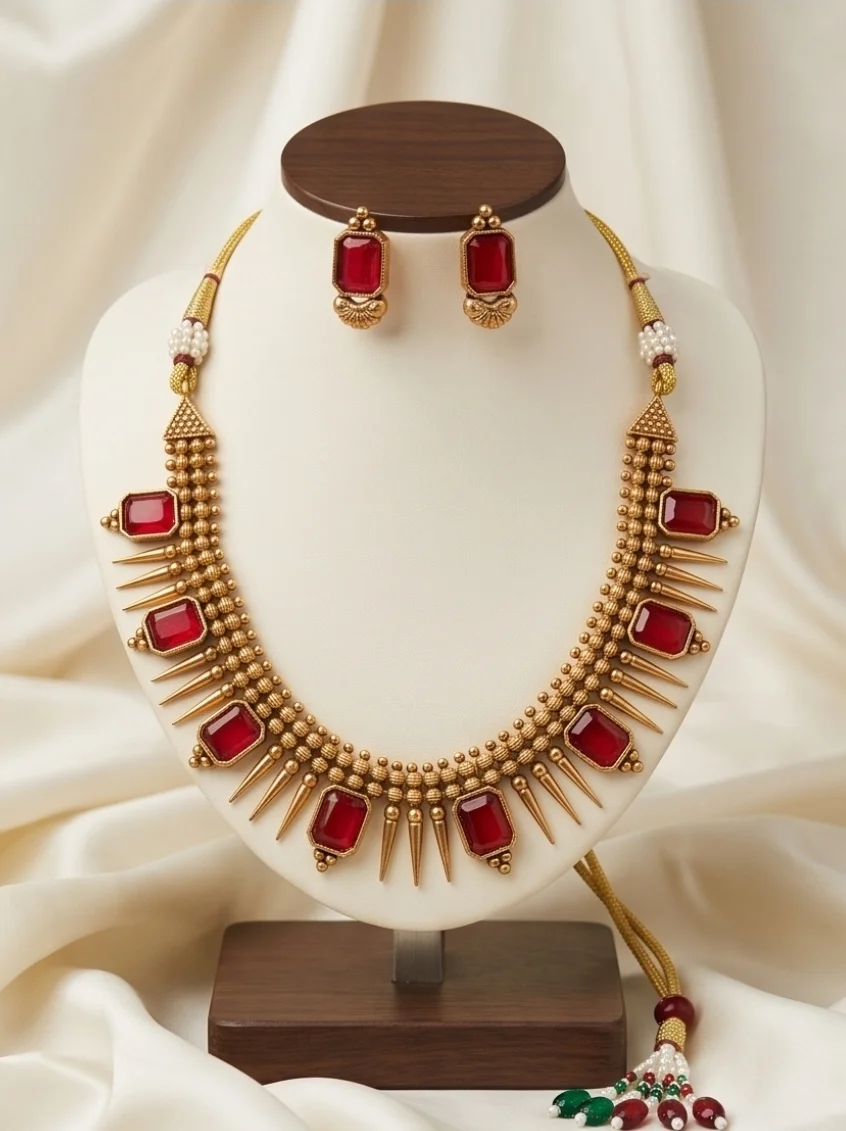 Antique Gold-Plated South Indian Temple Jewellery,Featuring Striking Ruby Red Stones