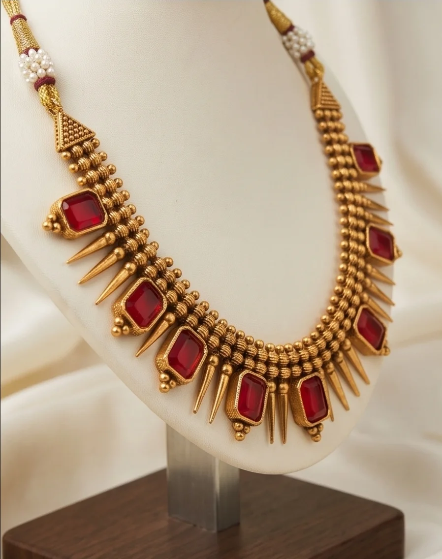 Antique Gold-Plated South Indian Temple Jewellery,Featuring Striking Ruby Red Stones alternate view