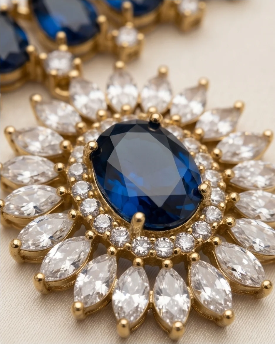 This Stunning Gold-Plated Necklace & Matching Earrings Set, Designed With Eye-Catching Blue Oval Stones view 3