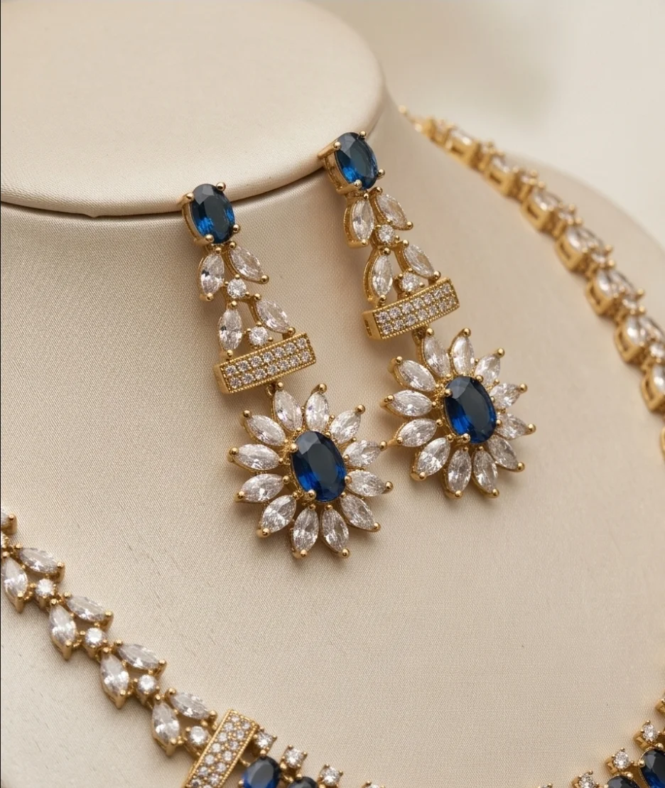 This Stunning Gold-Plated Necklace & Matching Earrings Set, Designed With Eye-Catching Blue Oval Stones alternate view