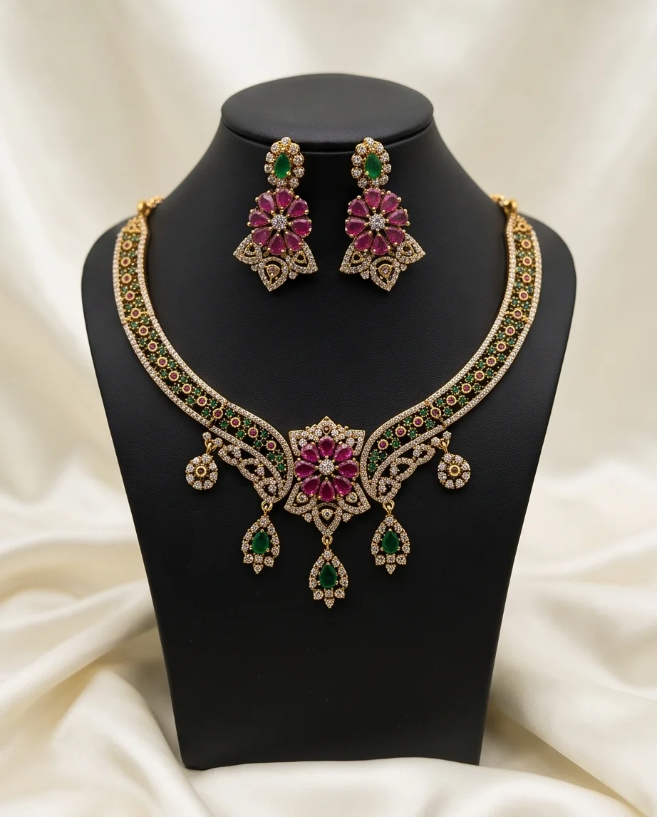 Luxurious Touch To Your Festive Look With This Stunning Gold-Plated AD Necklace & Matching Drop Earring
