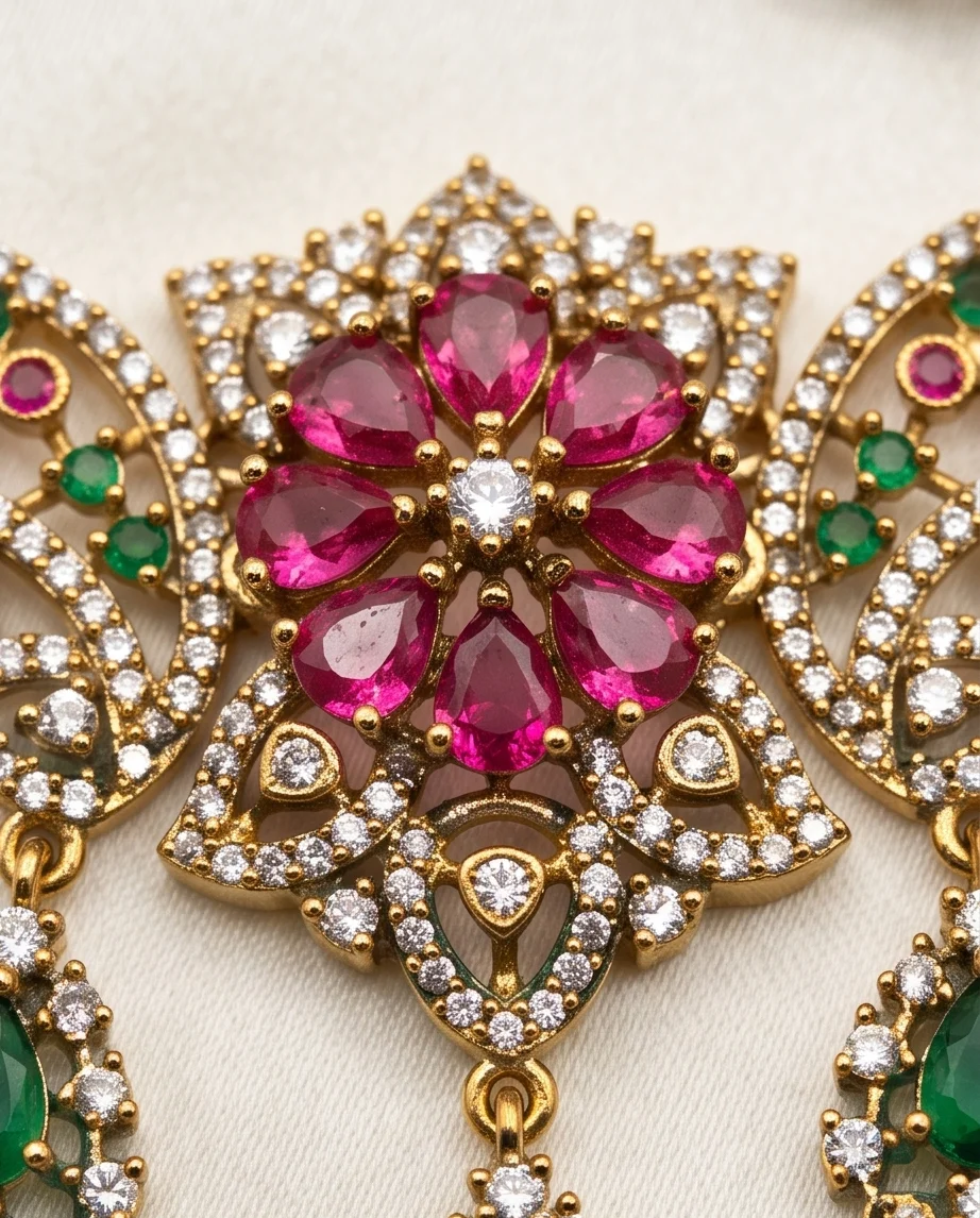 Luxurious Touch To Your Festive Look With This Stunning Gold-Plated AD Necklace & Matching Drop Earring alternate view