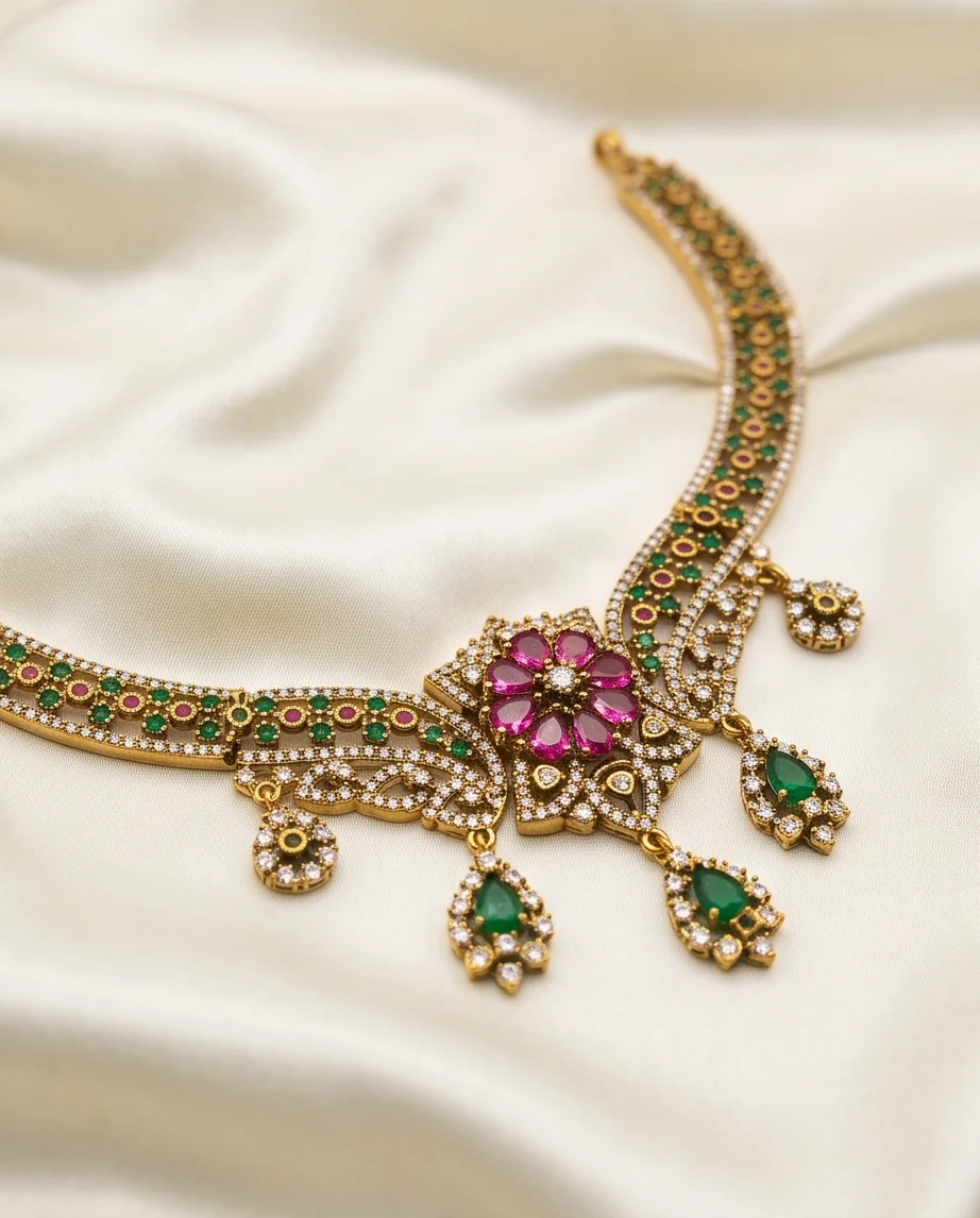 Luxurious Touch To Your Festive Look With This Stunning Gold-Plated AD Necklace & Matching Drop Earring view 3