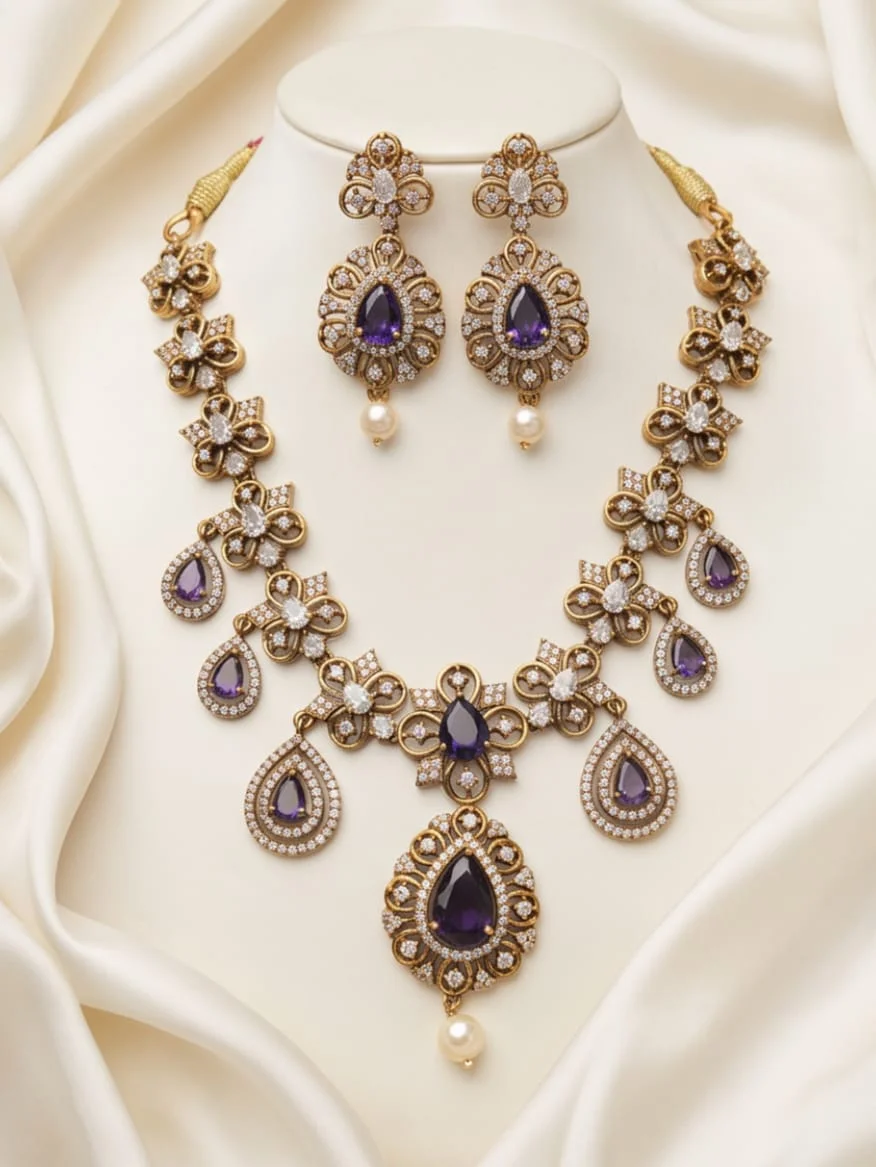 Sparkle With This Stunning Antique Gold-Plated Necklace & Matching Earrings Set 💎 Featuring Elegant Purple Teardrop Stones, alternate view