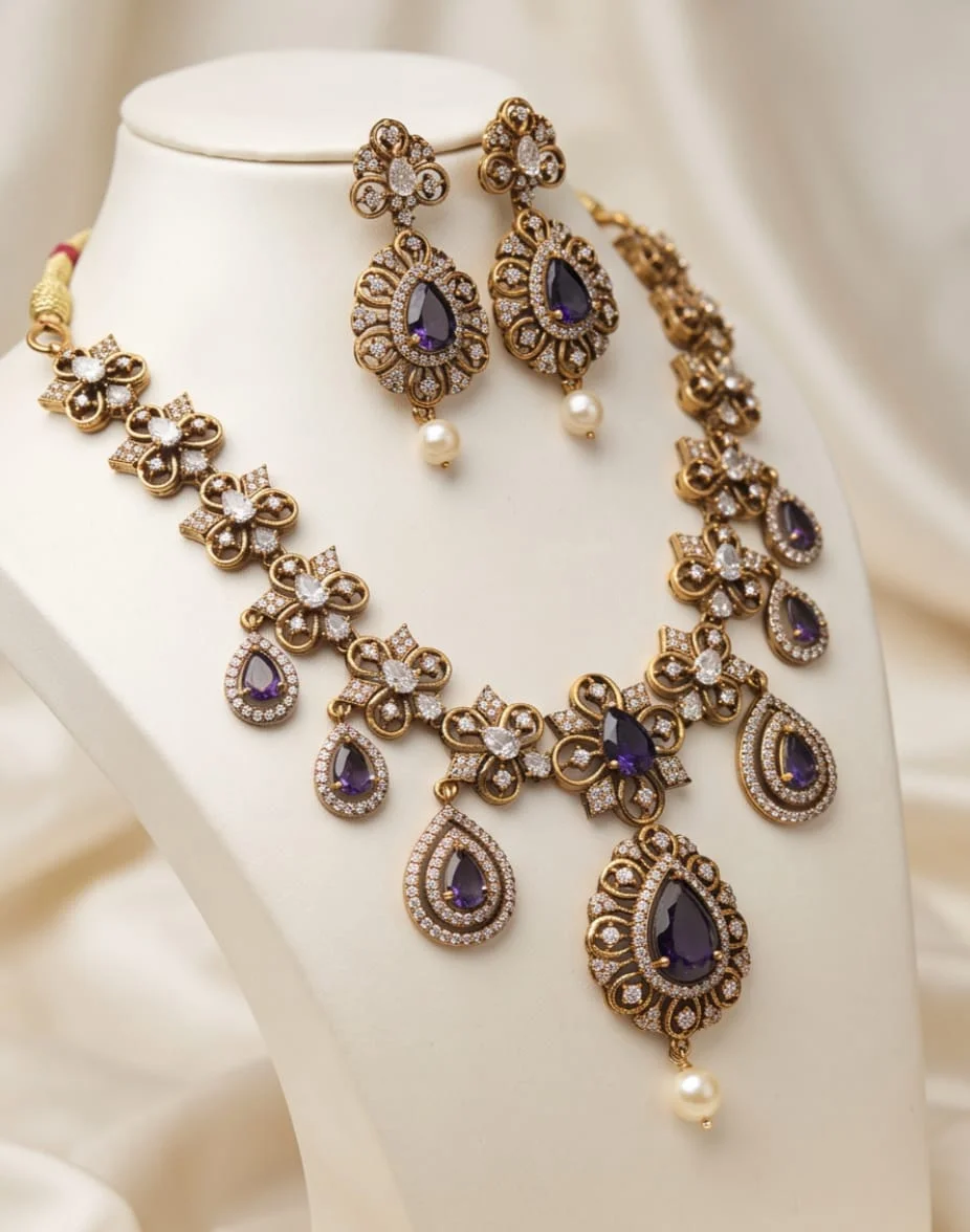 Sparkle With This Stunning Antique Gold-Plated Necklace & Matching Earrings Set 💎 Featuring Elegant Purple Teardrop Stones,