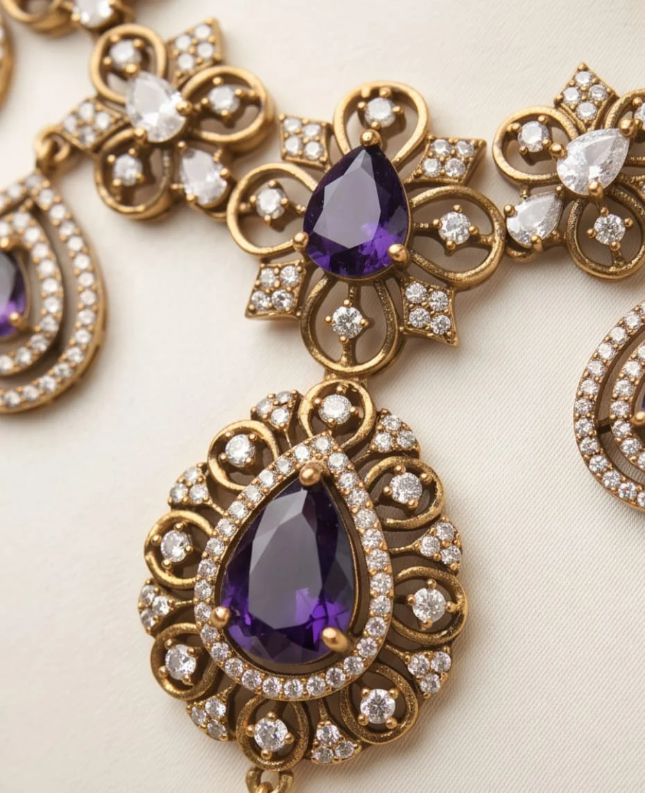 Sparkle With This Stunning Antique Gold-Plated Necklace & Matching Earrings Set 💎 Featuring Elegant Purple Teardrop Stones, view 3