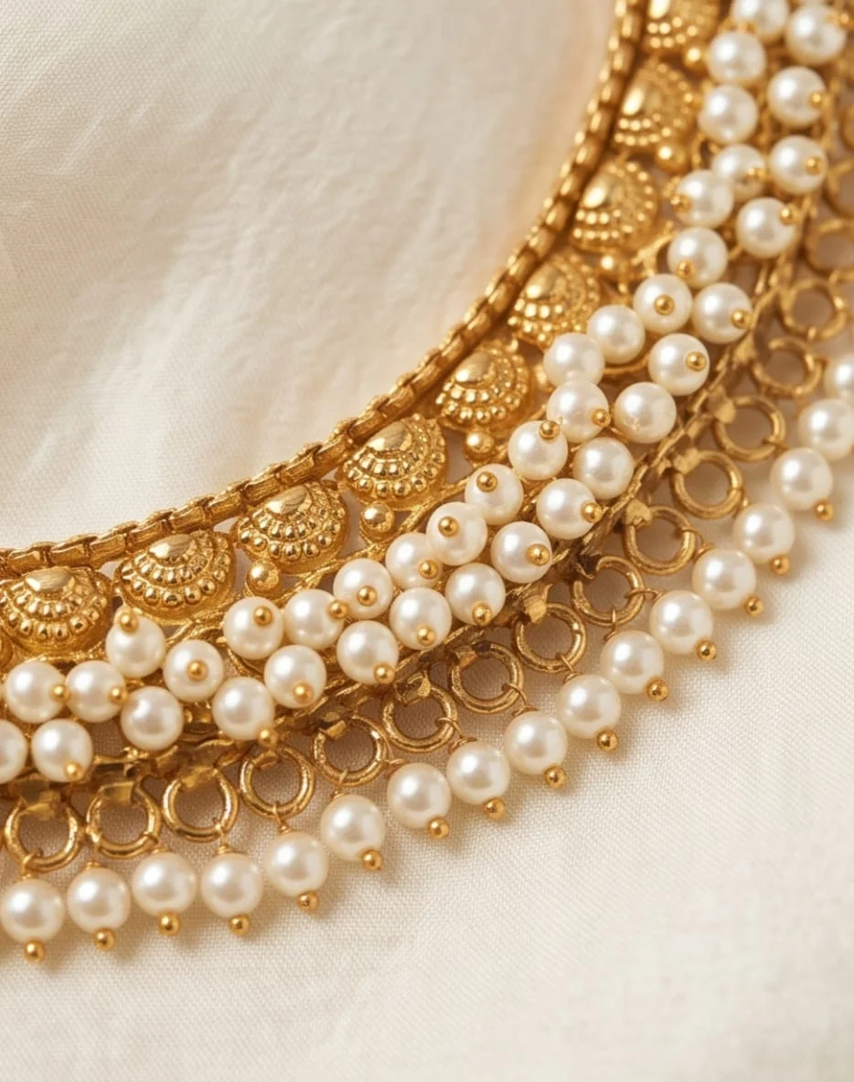 This Gorgeous Gold-Plated Traditional Choker Set 🤍✨  Featuring Layers Of Lustrous White Pearls, alternate view