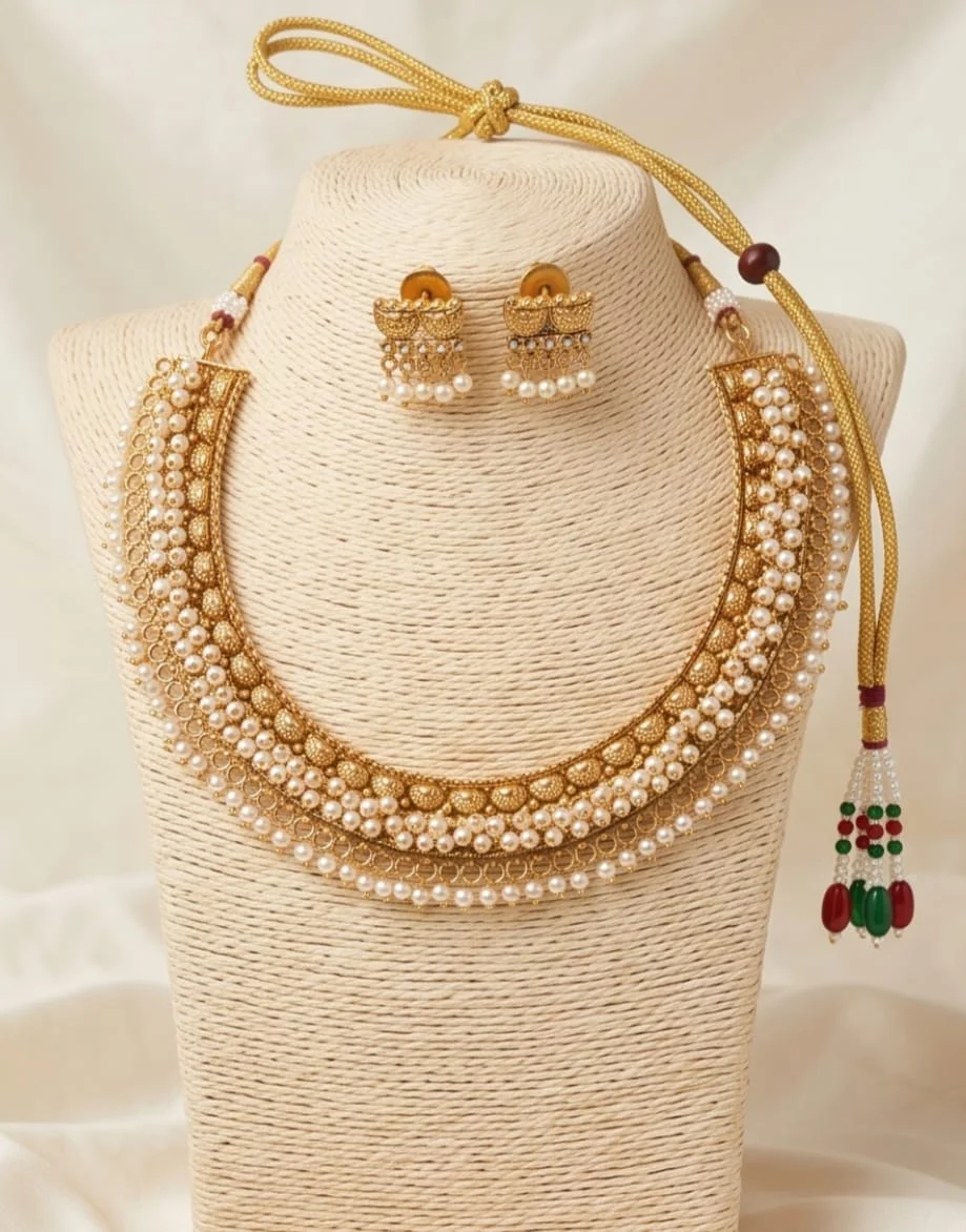 This Gorgeous Gold-Plated Traditional Choker Set 🤍✨  Featuring Layers Of Lustrous White Pearls,