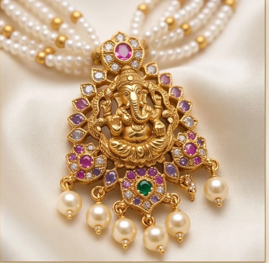 Ganesha Pearl Mala Features Multiple Strands Of Lustrous Pearls, Beautifully Finished With Gold Accents And An Intricate Lord Ganesha Pendant alternate view