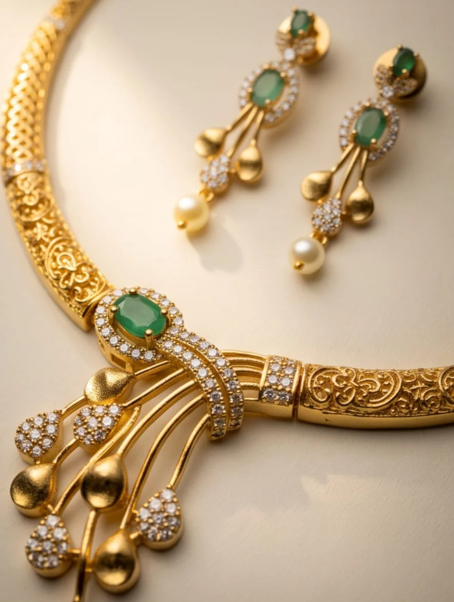 Gold-Toned Choker Necklace, Beautifully Embellished With Sparkling Cubic Zirconia And Rich Emerald-Green Centre Stones. alternate view