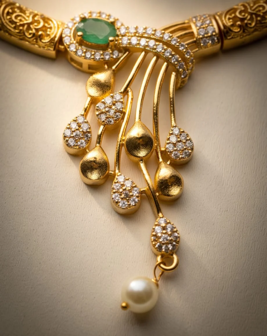Gold-Toned Choker Necklace, Beautifully Embellished With Sparkling Cubic Zirconia And Rich Emerald-Green Centre Stones. view 3