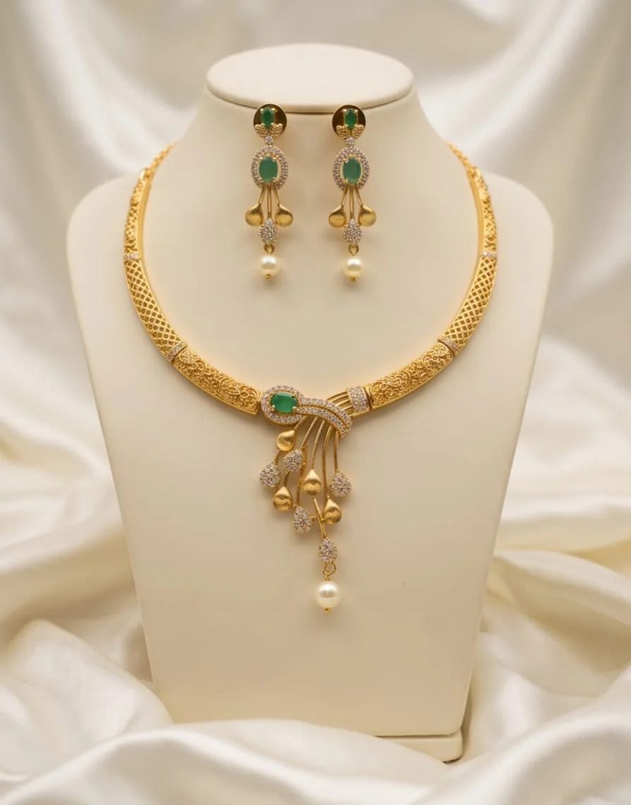 Gold-Toned Choker Necklace, Beautifully Embellished With Sparkling Cubic Zirconia And Rich Emerald-Green Centre Stones.