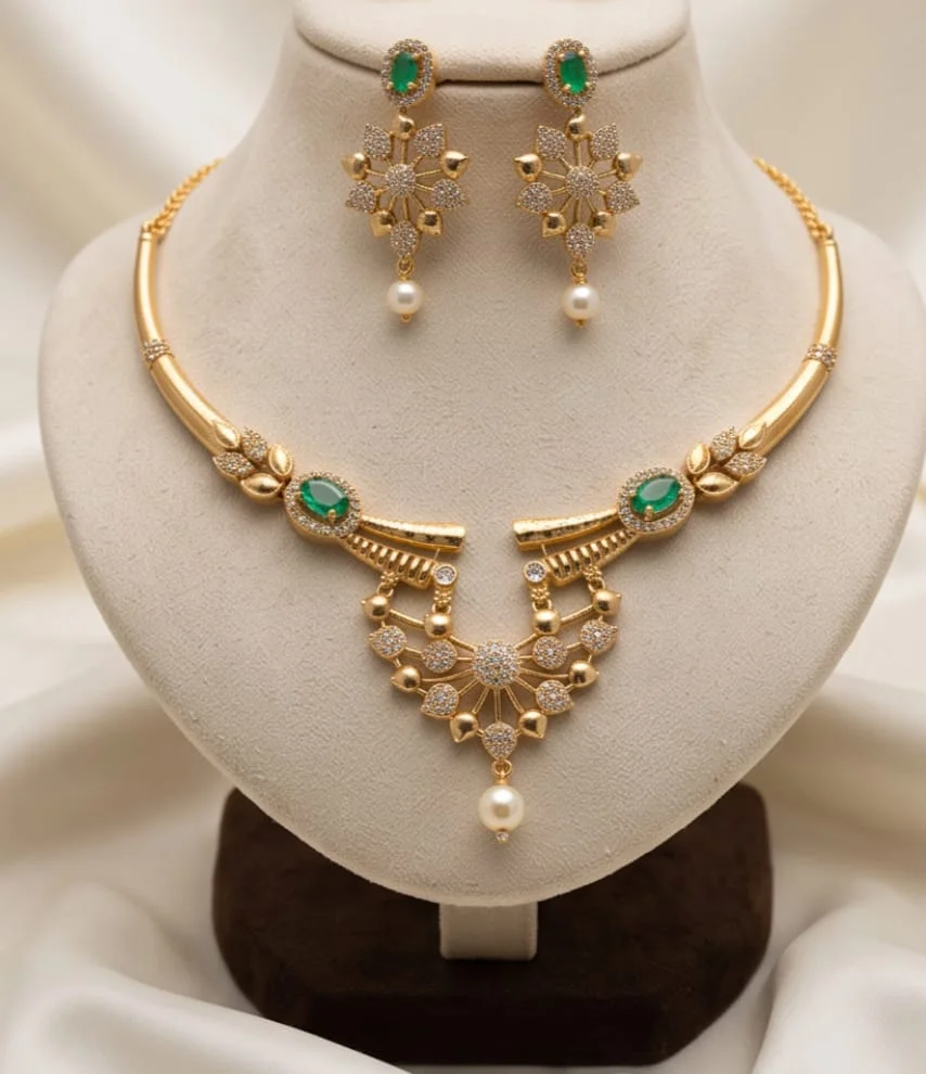 Choker Necklace Beautifully Embellished With Sparkling Cubic Zirconia And Rich Emerald-Green Centre Stones. alternate view