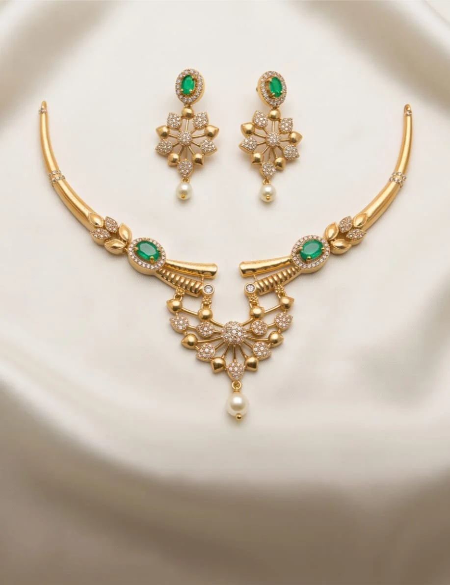Choker Necklace Beautifully Embellished With Sparkling Cubic Zirconia And Rich Emerald-Green Centre Stones.