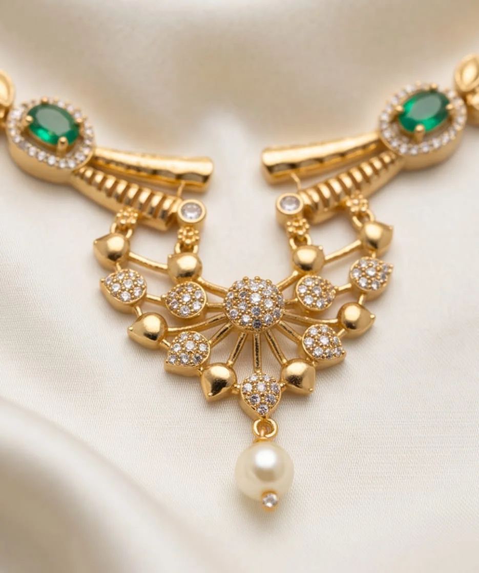 Choker Necklace Beautifully Embellished With Sparkling Cubic Zirconia And Rich Emerald-Green Centre Stones. view 3