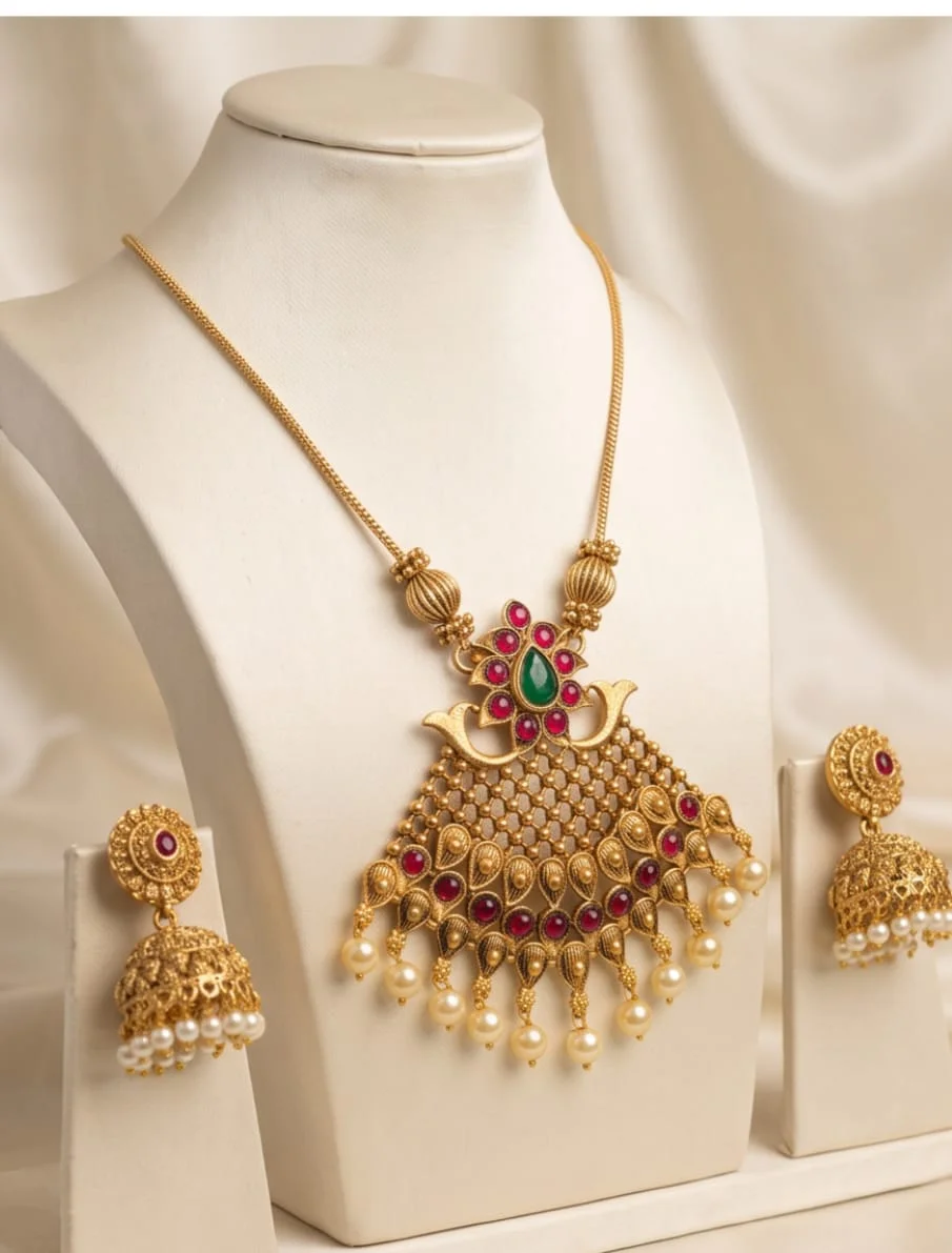 Antique Gold-Plated Temple Jewellery Set Featuring Rich Ruby-Red & Emerald-Green Stones, alternate view