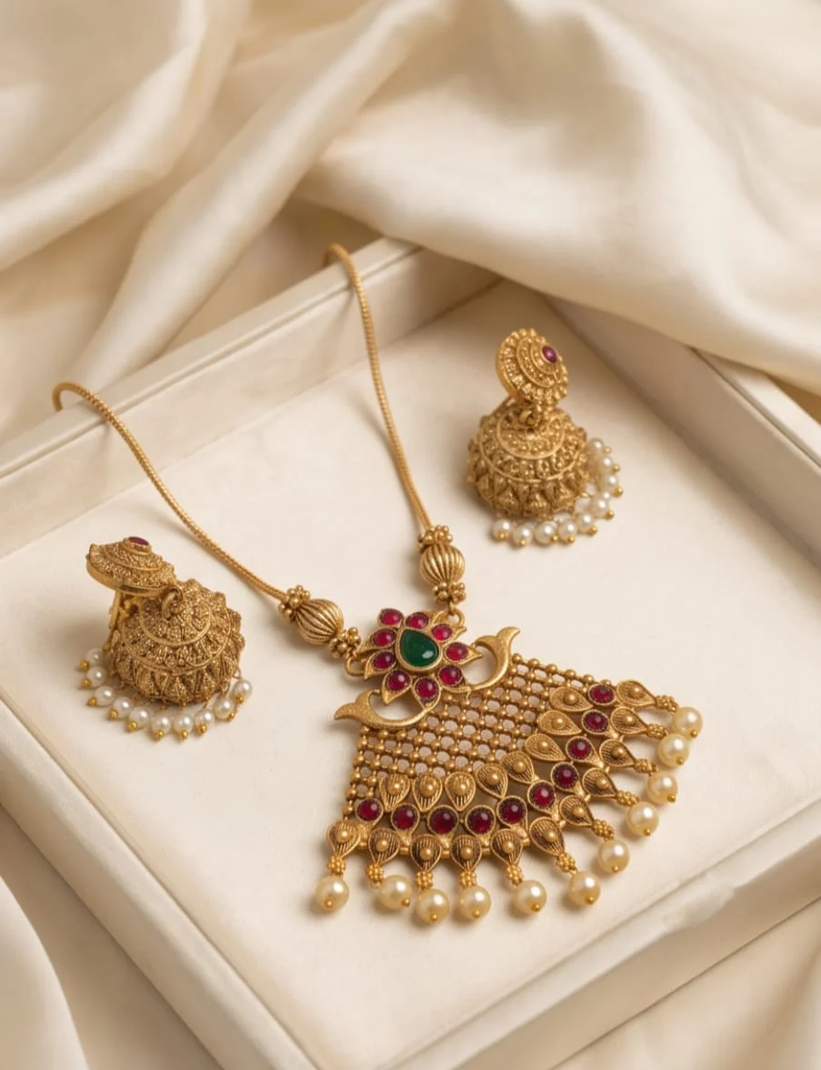 Antique Gold-Plated Temple Jewellery Set Featuring Rich Ruby-Red & Emerald-Green Stones,