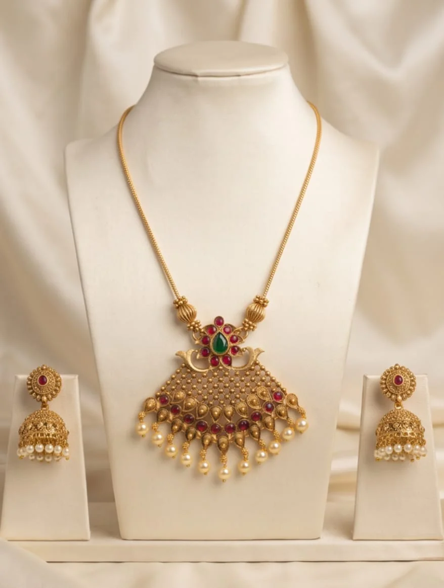 Antique Gold-Plated Temple Jewellery Set Featuring Rich Ruby-Red & Emerald-Green Stones, view 4