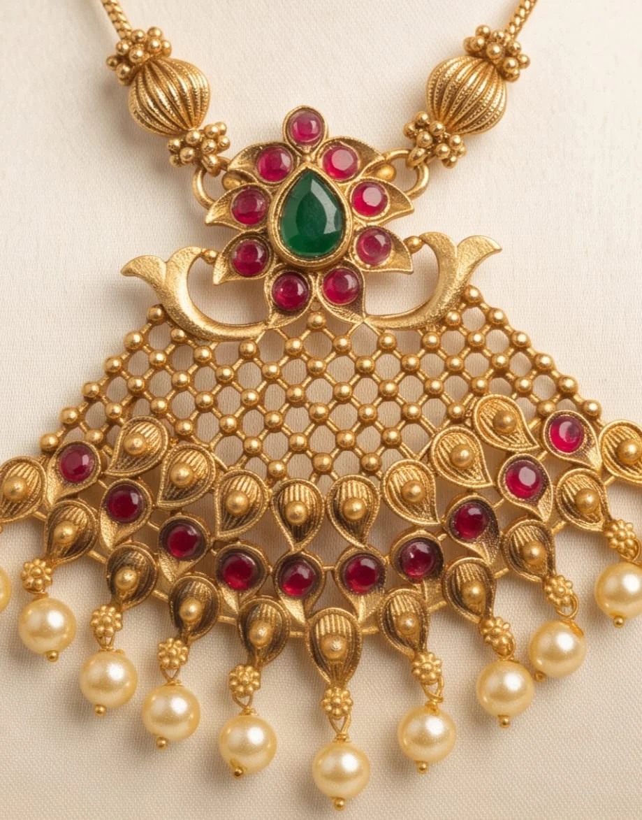 Antique Gold-Plated Temple Jewellery Set Featuring Rich Ruby-Red & Emerald-Green Stones, view 3