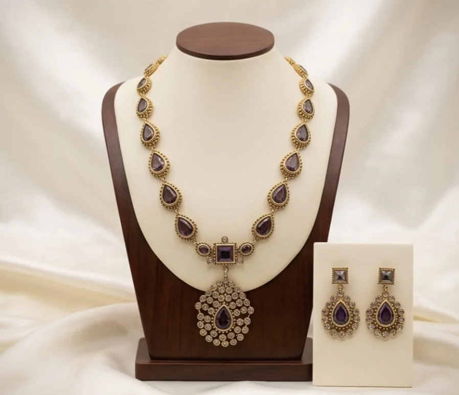 Antique Gold-Finish Necklace & Matching Earrings Set, Featuring Rich Deep-Purple Teardrop Stones