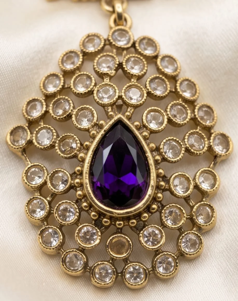 Antique Gold-Finish Necklace & Matching Earrings Set, Featuring Rich Deep-Purple Teardrop Stones alternate view