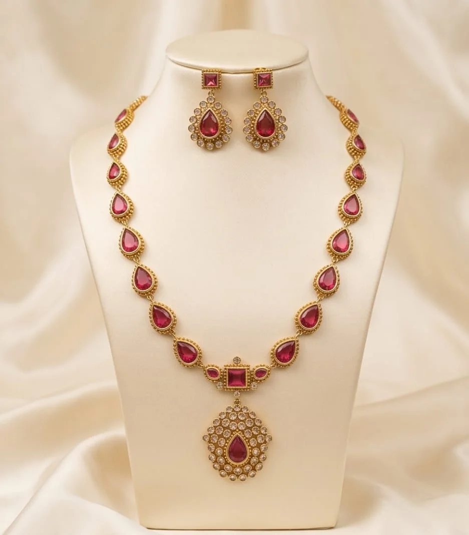 Gold-Plated Necklace & Matching Earrings Set, Beautifully Adorned With Vibrant Ruby-Red Teardrop Stones
