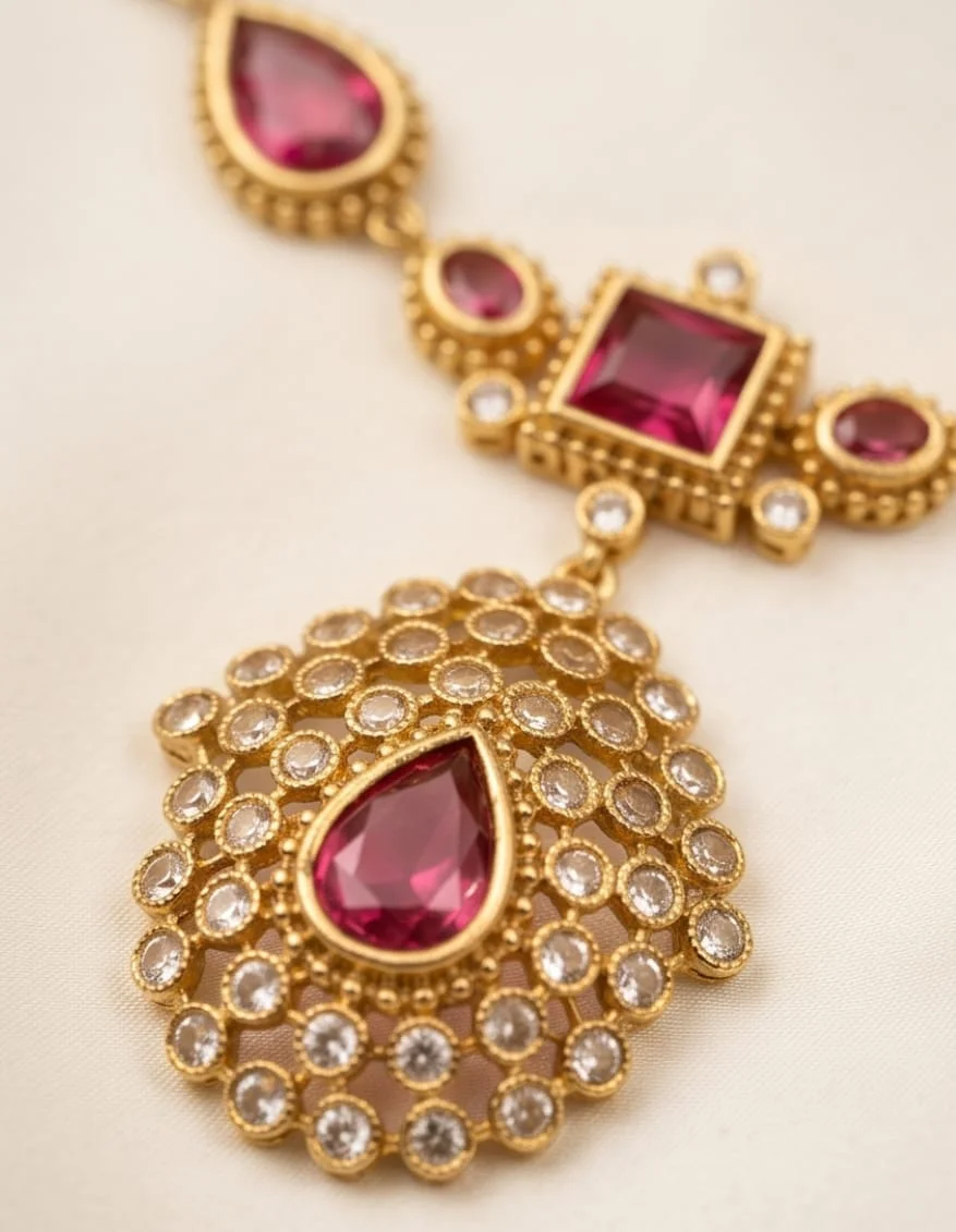 Gold-Plated Necklace & Matching Earrings Set, Beautifully Adorned With Vibrant Ruby-Red Teardrop Stones alternate view