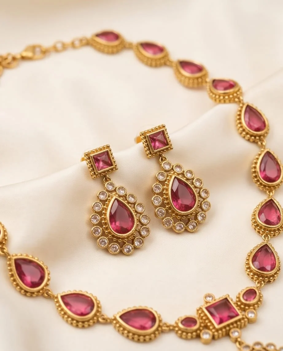 Gold-Plated Necklace & Matching Earrings Set, Beautifully Adorned With Vibrant Ruby-Red Teardrop Stones view 3
