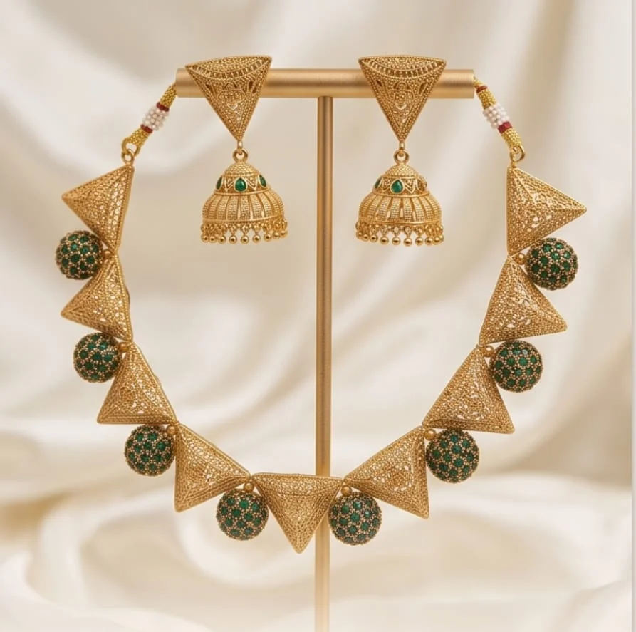 This Stunning Antique Gold-Plated Traditional Jewellery Set.Featuring Intricate Triangular Filigree